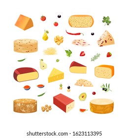 Various types of cheese with tomatoes, artichockes,parsley,olives,chili and herbs. Vector set of realistic  dairy products. Isolated  collection cheese pieces and Slices used for restaurant menu.