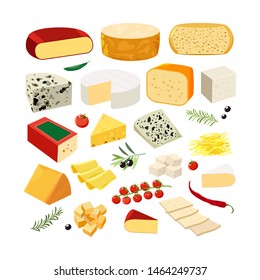 Various types of cheese with tomatoes, chili and herbs  on rustic wooden board. Vector set of realistic  dairy products. Isolated  collection cheese pieces and Slices used for restaurant menu.