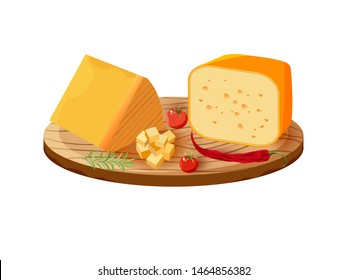 Various types of cheese with tomatoes and chili on rustic wooden board. Vector set of realistic  dairy products.Isolated  collection cheese pieces  used for logo design, recipe book, advertising.
