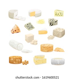 Various types of cheese with tomatoes, chili and herbs. Vector set of realistic  dairy products. Isolated  collection cheese pieces and Slices used for restaurant menu.