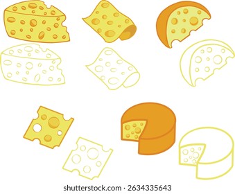 various types of cheese vector elements fill color and outline doodle, slice cheese, cheddar cheese. edam cheese