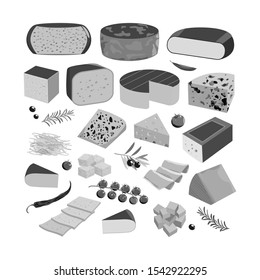 Various types of cheeseon a white background . Vector set of realistic  dairy products. Isolated  collection cheese pieces and Slices used for restaurant menu.