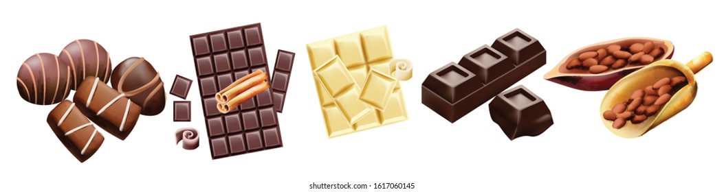 Various types of chocolate and cocoa beans
