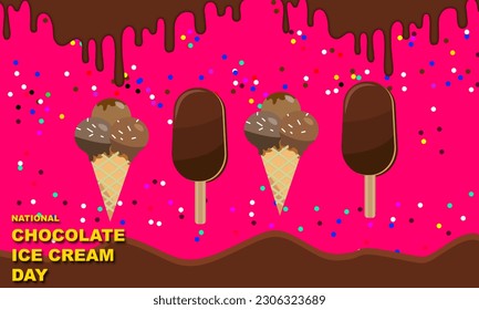 varios tipos de helados de chocolate (conos y langostas) y cuadros de chocolate fundido y pasas y texto en negrita conmemorando el Día Nacional del Crema de Hielo de Chocolate el 7 de junio
