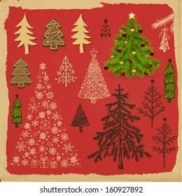 Various types of Christmas trees - ornament, hand- drawn, realistic, stylized, and cookie on old paper background and grunge frame