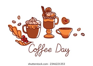 Various types of coffee in cups. International coffee day banner. Vector. 