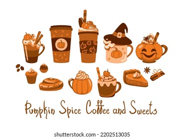 Various types of coffee with spices and sweets. Autumn mood. Set of illustrations. Vector.