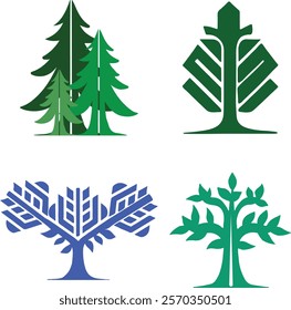 Various types of colorful trees on a white background.