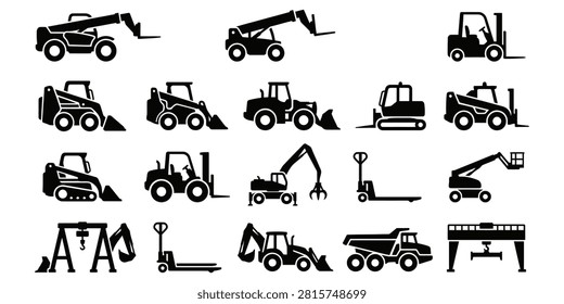 Various types of construction vehicles and equipment in black and white.