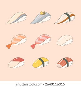 various types of cute japanese sushi menu for your appetite, vector illustration