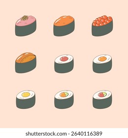 various types of cute japanese sushi menu for your appetite, vector illustration