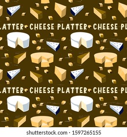 Various types of dairy product vector images and cheese platter text. Seamless pattern for farmers market banners or posters.