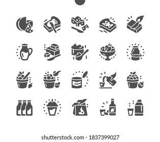 Various types of dairy products: milk, cheese, cottage cheese, eggs, yoghurt, sour cream and butter. Menu for restaurant and cafe. Vector Solid Icons. Simple Pictogram