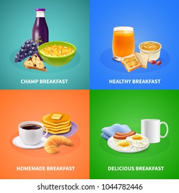 Various types of delicious breakfast 2x2 design concept on colorful background realistic isolated vector illustration