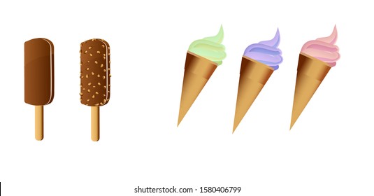 Various types of delicious ice cream. Vector illustration isolated on white background.