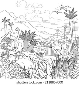 Various types of dinosaurs among prehistoric landscapes. Vector line graphics for coloring books