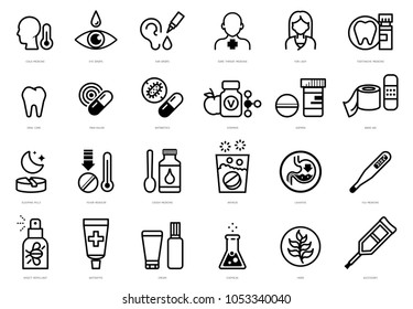 Various types of drugs sold in general drugstores Icons set. Element of Pharmacy ideal concept.