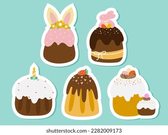 Various types of Easter cakes in a flat style. Easter cake with icing.
Easter bakery with funny sweets. Cupcake, cake, dessert with easter symbols. Vector design stickers.
