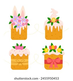 Varios tipos de pasteles de Pascua. Feliz Pascua. Elementos para póster, flyer, postal, diseño publicitario. Ilustración vectorial