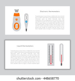 Various types of electronic thermometers. infrared, liquid, measuring body temperature, food, environment.
