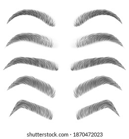 Various types of eyebrows. Fashion eyebrows of various shapes and types. Black eyebrow pack. Black eyebrows isolated on white background. Vector illustration