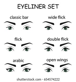 Various types of eyeliner, vector set. Types of eye makeup. Eyeliner shape tutorial. Illustration of eyebrow line make up isolated on white background.  Beauty article, magazine, book.