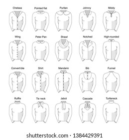 VARIOUS TYPES OF FEMALE COLLARS. WITH TITLES. FLAT DESIGN, GRAPHICS, BLACK AND WHITE BACKGROUND.

