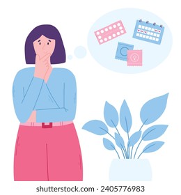Diversos tipos de anticonceptivos femeninos. Concepto de una mujer que piensa en la contracepción adecuada para ella. Concepto vectorial de la elección de un contrato
