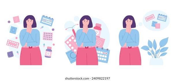 Various types of female contraception. Concept of a woman thinking about contraception that is suitable for her. Vector concept of choosing a contraceptive method.