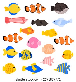 Various types of fish collection. Fish clipart set.