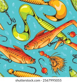 Various types of fishing lures are spread across a vibrant blue background. The lures include artificial bait and hooks showcasing bright colors and unique shapes.