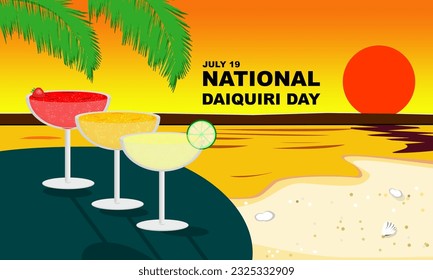 various types and flavors of Daiquiri (strawberry, mango and lime) with beach and sunset views. a cocktail of rum, lemon or lime juice, ice and sugar. Celebrated National Daiquiri Day 