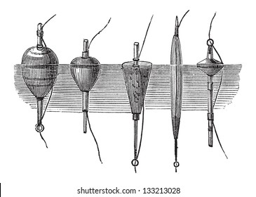 Diversos tipos de flotadores, utilizados en la pesca con mosca, ilustración vintage grabada. Le Magasin Pittoresque - 1874