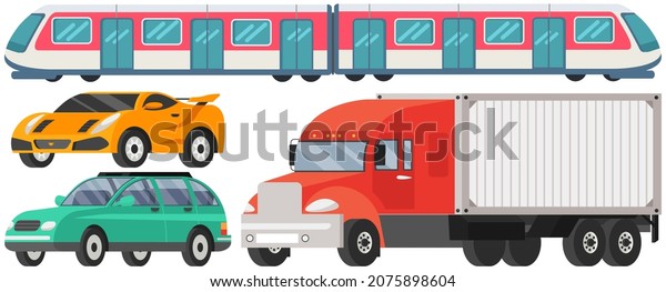 Various types of freight, passenger and\
public transport. Set of automobiles for different purposes. Sports\
and passenger car, wagon, train. Ground and underground vehicles\
vector illustration