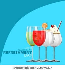 Various types of fresh drinks such as cocktail, vanilla ice cream and soda drink with bold text on blue background to commemorate National Refreshment Day July 28