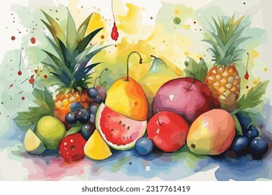 Various types of fruit in a bowl,  Fruit set, apple pineapple, watermelon, orange, etc.