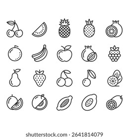 Various types of fruit isolated on white background in outline style