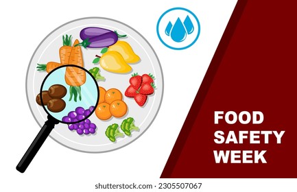 various types of fruit and vegetables (eggplant, carrot, mango, kiwi, broccoli, orange and strawberry) on a white plate with a magnifying glass and clean water logo and bold text commemorating Food Sa