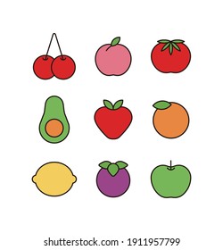 Various types of fruits illustration icon set. Cherry, apple, strawberry, peach, tomato, avocado, orange, lemon, mangosteen.