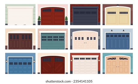 Various types of garage doors. Premises for keeping cars. Vector illustration