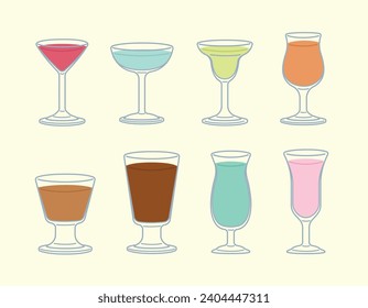 Various types of glasses with drinks, cocktail, margarita, juice, coffee, smoothie, hot chocolate. Set of glassware. Flat style vector illustration