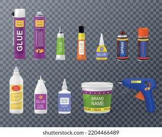 Various types of glue bottles sticks containers with gun realistic set isolated on transparent background vector illustration