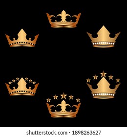 Various types of golden crown set Black background vector illustration