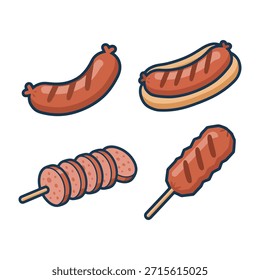 Vários tipos de salsichas grelhadas, bratwurst e carne defumada fatiada em varas em estilo cartoon.