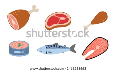 Various types of healthy protein, poultry, red meat and fish, cartoon style. Trendy modern vector illustration isolated on white background, hand drawn, flat design