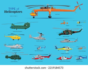 Various types of helicopters. Large vector set of helicopters with type names