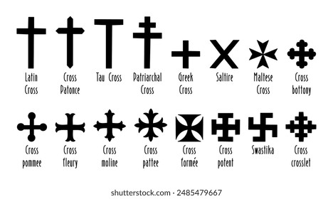 Various types of historical cross symbols with names, bold and black silhouette designs, icon set illustrations.