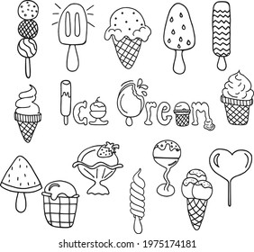 Various types of ice cream. Cute vector hand drawn doodle. Black isolated on white background. 