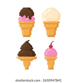 Various types of ice-cream cone flat icon vector. Pixel 8bit style