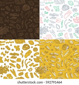 Various types of Italian Pasta. Seamless pattern. Four versions in different colors.
